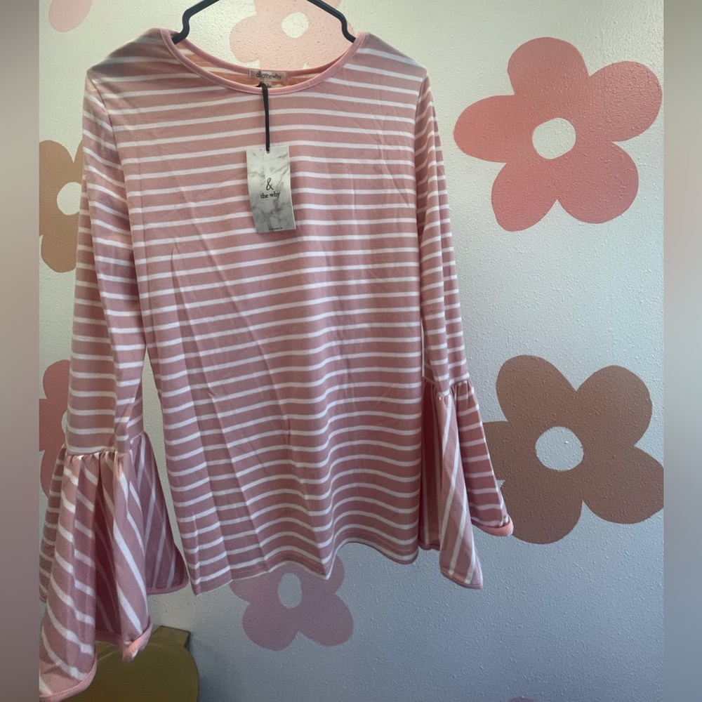 & The Way | Soft Pink and White Striped Long Bell Sleeve Top | Size Large
